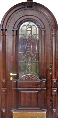 Арочная металлическая дверь массив со стеклом и ковкой ДА-50 в Брянске