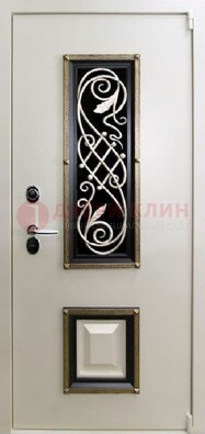 Белая стальная дверь с ковкой со стеклопакетом и МДФ ДК-30 в Брянске