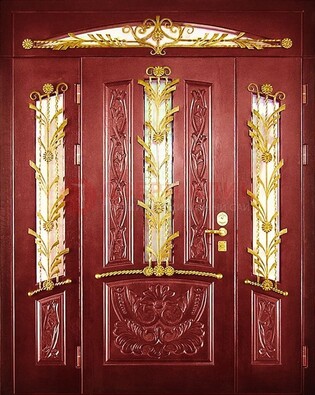 Бордовая железная парадная дверь со стеклом и ковкой ДПР-75 в Брянске