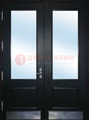Черная двухстворчатая металлическая дверь со стеклом ДС-25 в Брянске