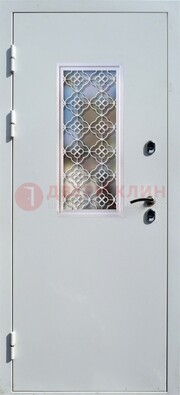 Серая металлическая дверь со стеклом и ковкой ДС-75 в Брянске