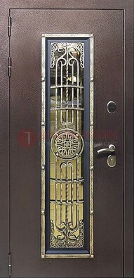Железная дверь цвета медный антик со стеклом и ковкой ДСК-105 в Брянске