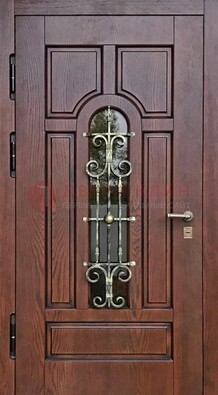 Cтальная дверь со стеклом и ковкой в коричневом цвете ДСК-119 в Брянске