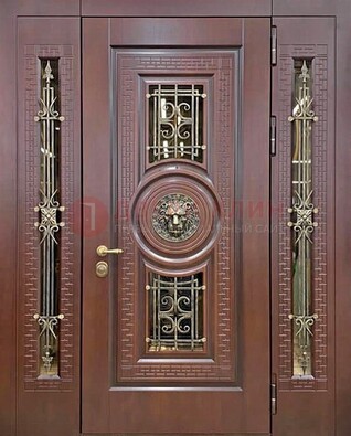 Коричневая стальная дверь со стеклом и ковкой ДСК-147 с фрамугами в Брянске