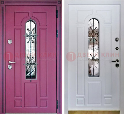 Розовая металлическая дверь со стеклом и ковкой ДСК-151 в Брянске