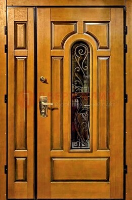 Распашная металлическая дверь со стеклом и ковкой для дома ДСК-152 в Павловском Посаде
