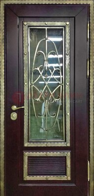 Темная уличная дверь порошок со стеклом и ковкой ДСК-167 в Брянске