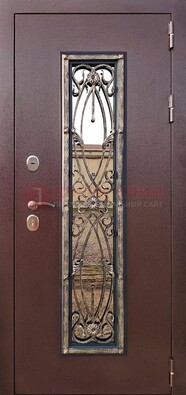 Коричневая стальная дверь порошок со стеклом и ковкой для дома ДСК-169 в Брянске