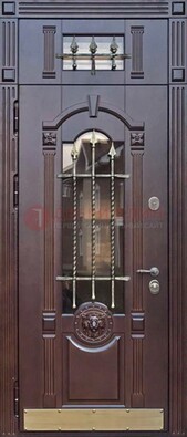 Металлическая дверь массив со стеклом и ковкой с фрамугой ДСК-249 в Брянске
