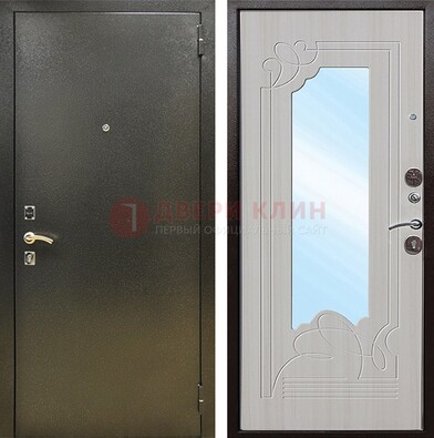Входная темно-серая дверь c порошковым покрытием и МДФ с резьбой и зеркалом ДЗ-113 в Брянске