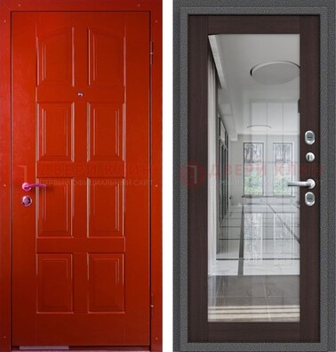 Красная металлическая дверь с МДФ и зеркалом ДЗ-136 в Брянске