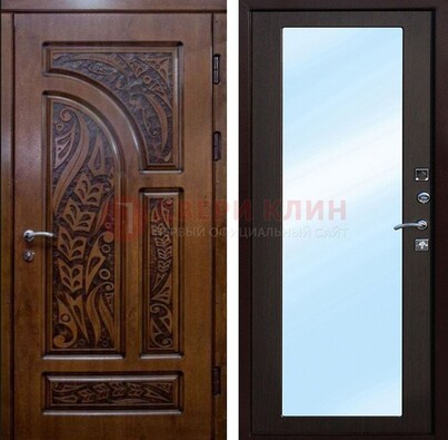 Коричневая входная дверь c узором и виноритом МДФ с зеркалом ДЗ-98 в Брянске