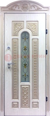 Белая железная дверь с МДФ и витражом ВЖ-26 в Брянске