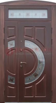 Коричневая двухстворчатая железная дверь с МДФ и витражом ВЖ-29 в Брянске